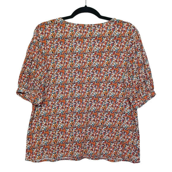 ICHI Orange Red White Colorful Floral Print Short Sleeve V Neck Top Small - Picture 5 of 8